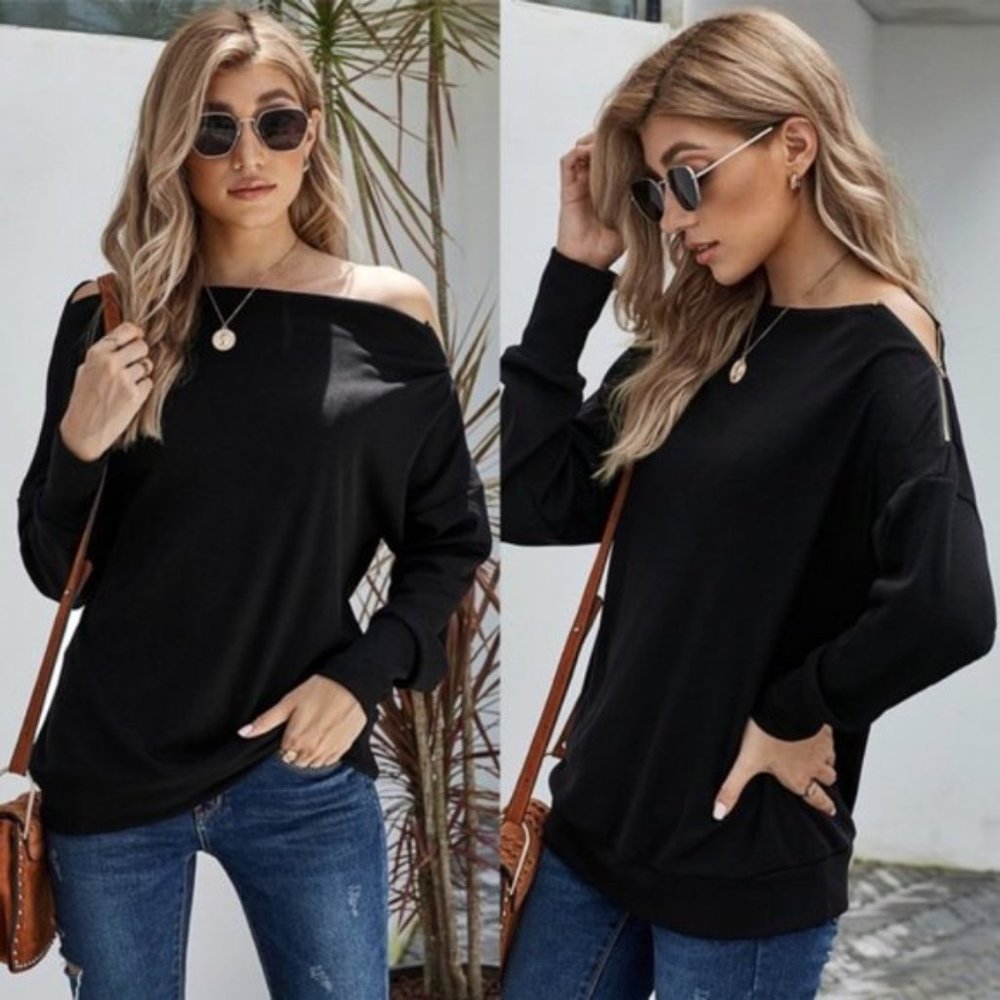 NWT: Black Knit Top with Zipper Detail at Shoulder - Picture 3 of 3